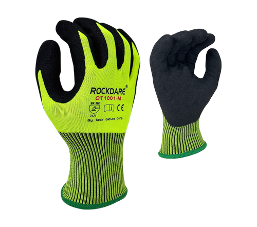 13 Gauge Hi-Vis Yellow Polyester shell, Black Sandy Foam Nitrile Palm coated - Dozen