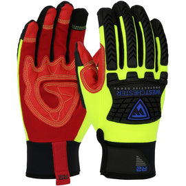Protective Industrial Products Hi-Vis Yellow Boss® Synthetic Leather, Spandex And Silicone And TPR Full Finger Oil and Gas Mechanics Gloves With Hook and Loop Cuff