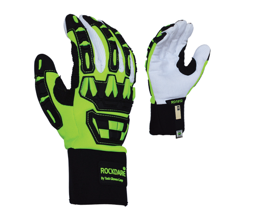 Task Gloves - Hi-Vis Green Spandex back, Cotton Corded Palm, Reinforced Thumb Saddle, Neoprene cuff, TPR back - Dozen