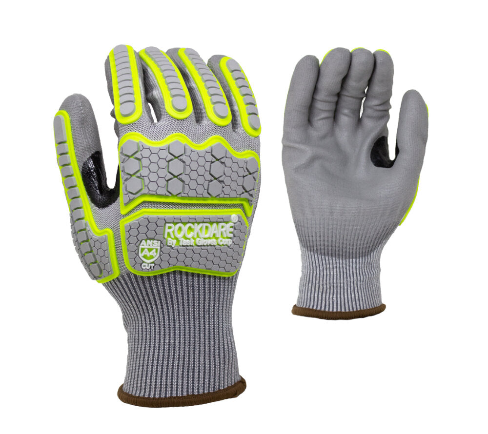 RockDare® - 15G Gray HDPE W/Glass Fiber+Stainless Liner(ANSI CUT A4), Polyurethane Palm Coated Gloves With Thumb Saddle and TPR Back - Dozen