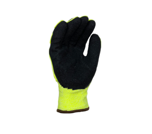 Task Gloves Hi-Vis Yellow HDPE Shell(ANSI CUT A5), Double Layer Acrylic Liner, Black Crinkle Latex Palm Coated, TPR Back, PVC Waterproof Barrier - Dozen