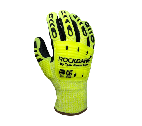 Task Gloves Hi-Vis Yellow HDPE Shell(ANSI CUT A5), Double Layer Acrylic Liner, Black Crinkle Latex Palm Coated, TPR Back, PVC Waterproof Barrier - Dozen