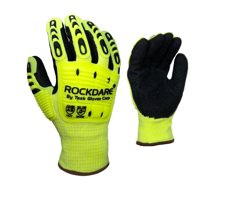 Task Gloves Hi-Vis Yellow HDPE Shell(ANSI CUT A5), Double Layer Acrylic Liner, Black Crinkle Latex Palm Coated, TPR Back, PVC Waterproof Barrier - Dozen