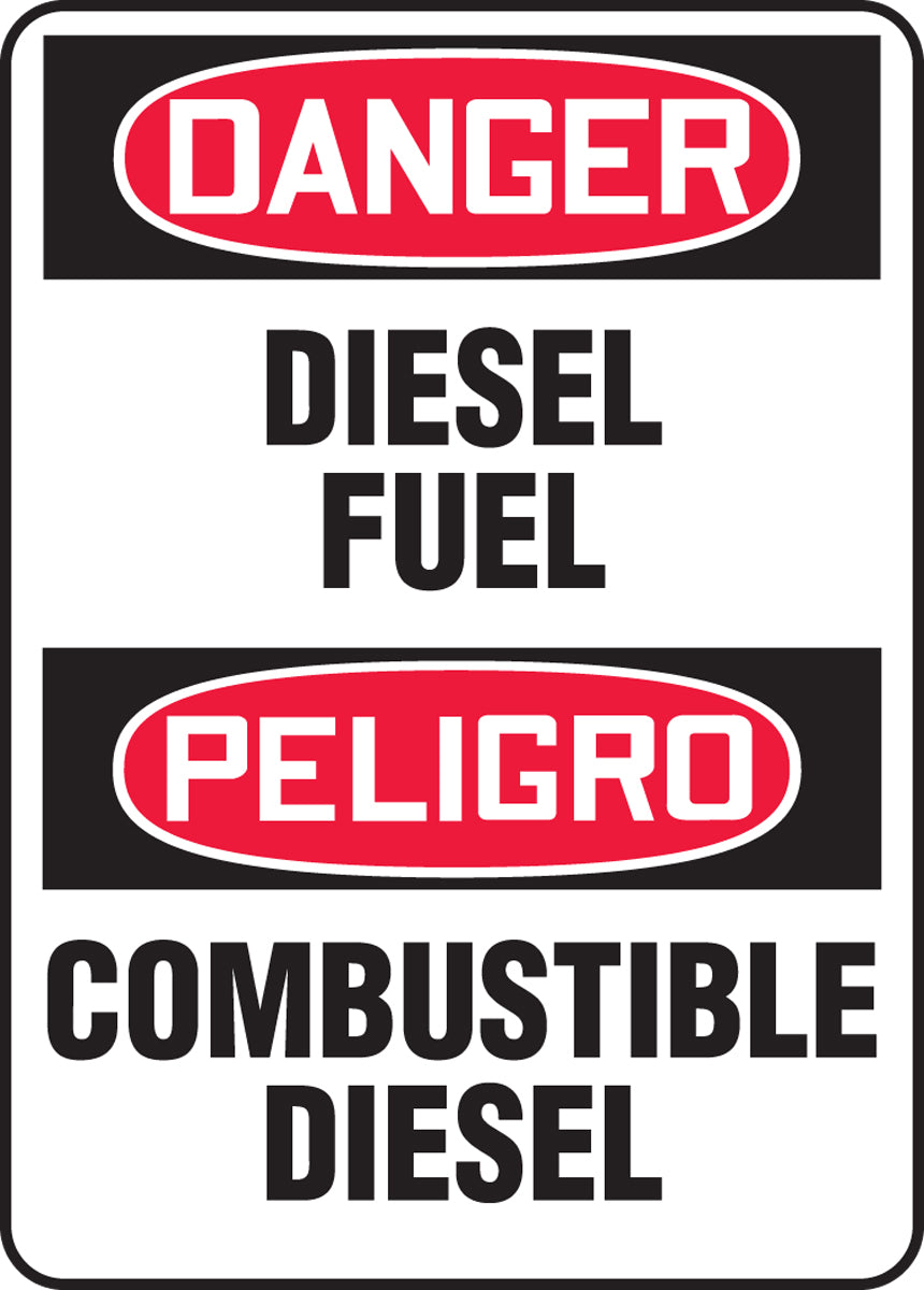 14" X 10" Red, Black And White Aluminum Spanish/English Bilingual Safety Signs "DANGER DIESEL FUEL PELIGRO COMBUSTIBLE DIESEL"