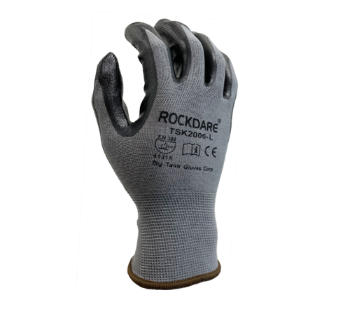 13 Gauge Gray Polyester shell, Black Nitrile palm coated - Dozen