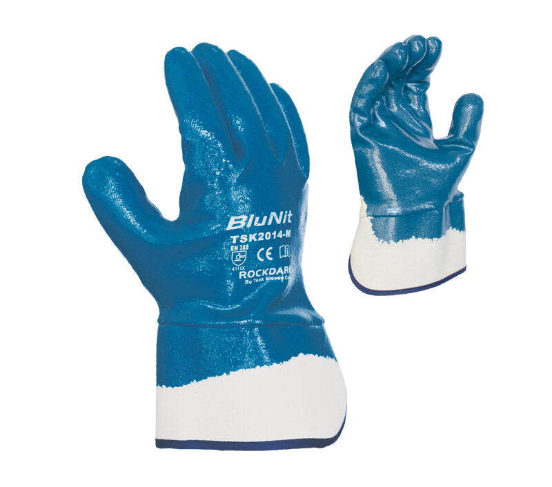 (TSK2014) Blue nitrile fully coated glove with safety cuff.