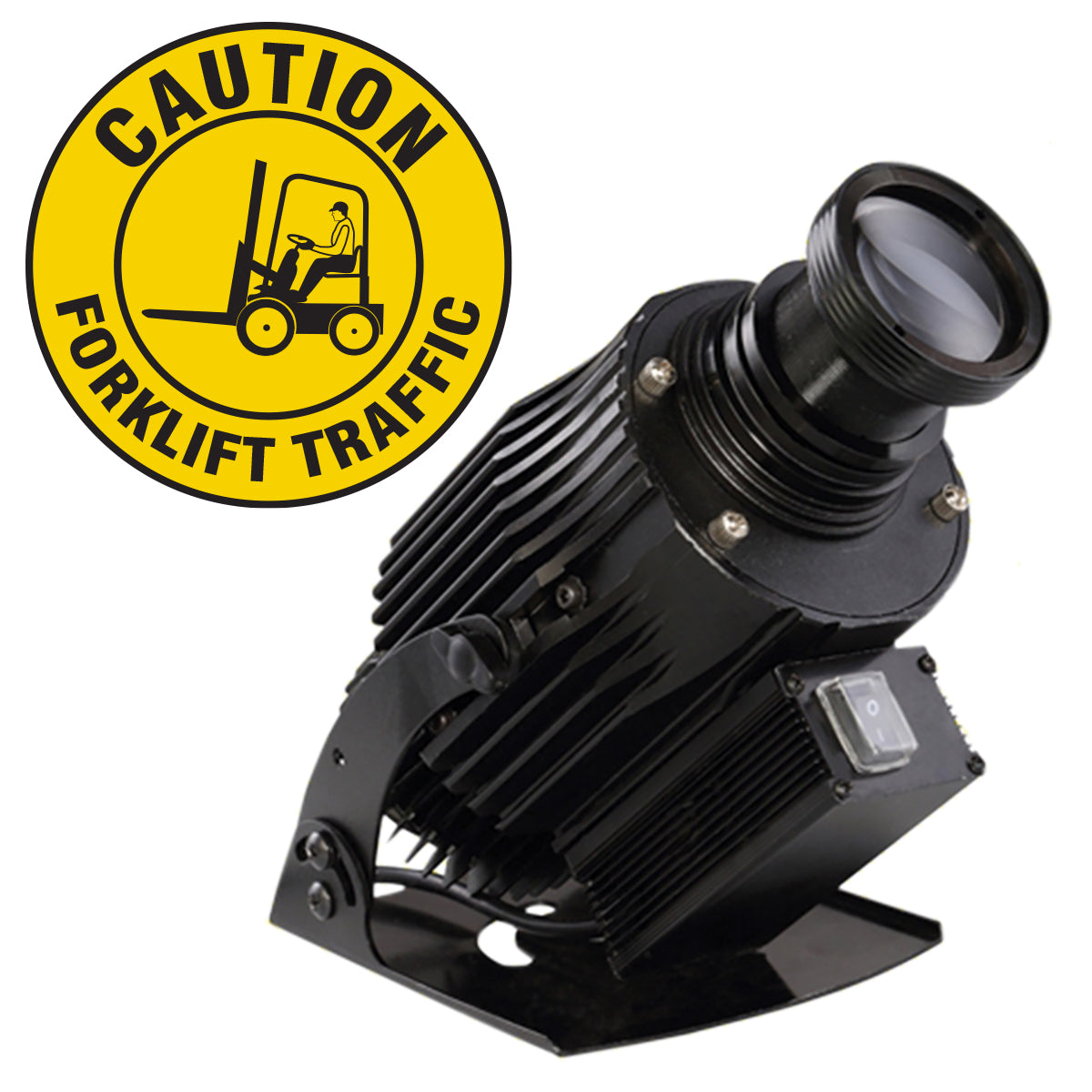 11.75” X 7.75” X 6.25” Black Heavy Duty Cast Aluminum LED Changeable Safety Sign Projector "CAUTION – FORKLIFT TRAFFIC (With Pictogram Symbol)"