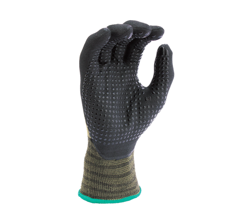 Black Micro-Foam Nitrile Knuckle coated with Nitrile dots, 15G Green Hi-Elasticity Nylon shell - Dozen