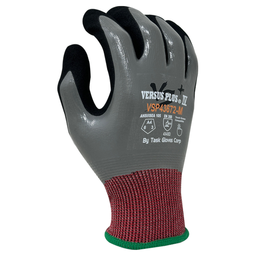 Versus Plus® - 18 Gauge Red Falstone Fiber shell, Gray Smooth Nitrile Fully coated, Black Sandy-Foam Nitrile Palm coated, Reinforced Thumb Saddle, ANSI Cut A4, Touchscreen compatible - Dozen