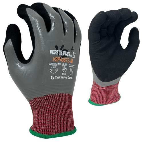 Versus Plus® - 18 Gauge Red Falstone Fiber shell, Gray Smooth Nitrile Fully coated, Black Sandy-Foam Nitrile Palm coated, Reinforced Thumb Saddle, ANSI Cut A4, Touchscreen compatible - Dozen