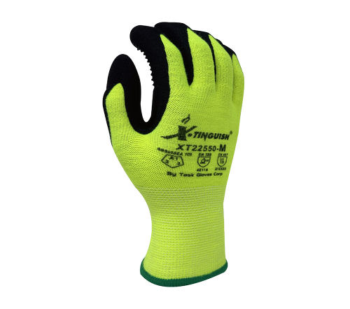 XTinguish® - 13 Gauge Hi-Vis Yellow Acrylic, Polyester Terry Cloth inner lined, Black Sandy Nitrile palm coated with Nitrile dots - Dozen