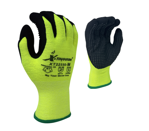XTinguish® - 13 Gauge Hi-Vis Yellow Acrylic, Polyester Terry Cloth inner lined, Black Sandy Nitrile palm coated with Nitrile dots - Dozen