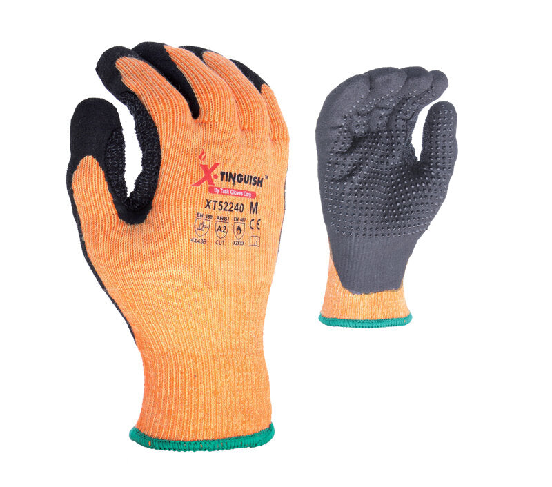 X-Tinguish® - Aramid shell, polyester terry-cloth inner layer, Sandy Nitrile palm coating with Nitrile dots, ANSI 2