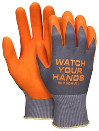 MCR Safety® Medium 96790HVI 15 Gauge Orange Foam Nitrile Palm Coated Work Gloves With Black Nylon Liner, Knit Wrist And "Watch Your Hands" Logo