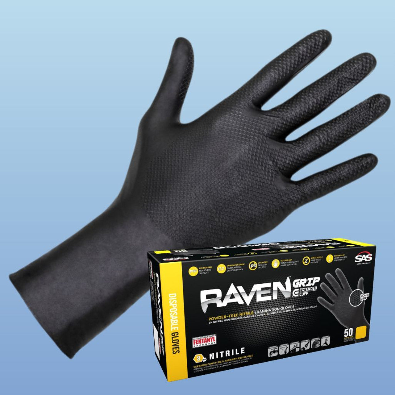 Raven Grip Extended Cuff Nitrile Exam Gloves