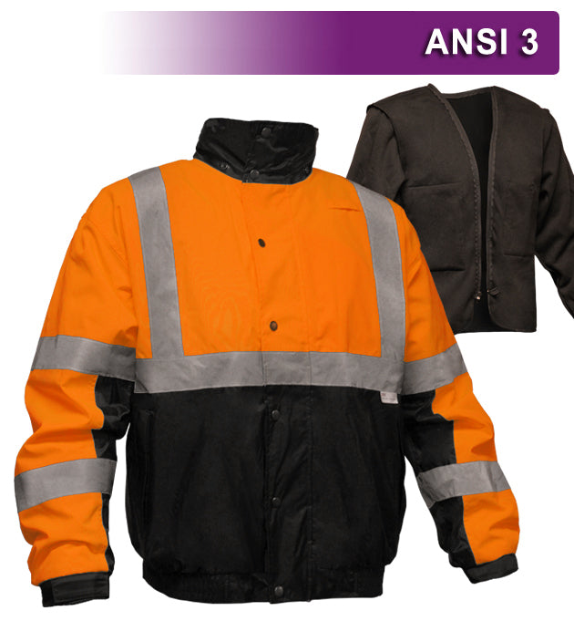 Safety Jacket Hi Vis Bomber Zip-Out Liner Breathable Waterproof Orange & Black-eSafety Supplies, Inc