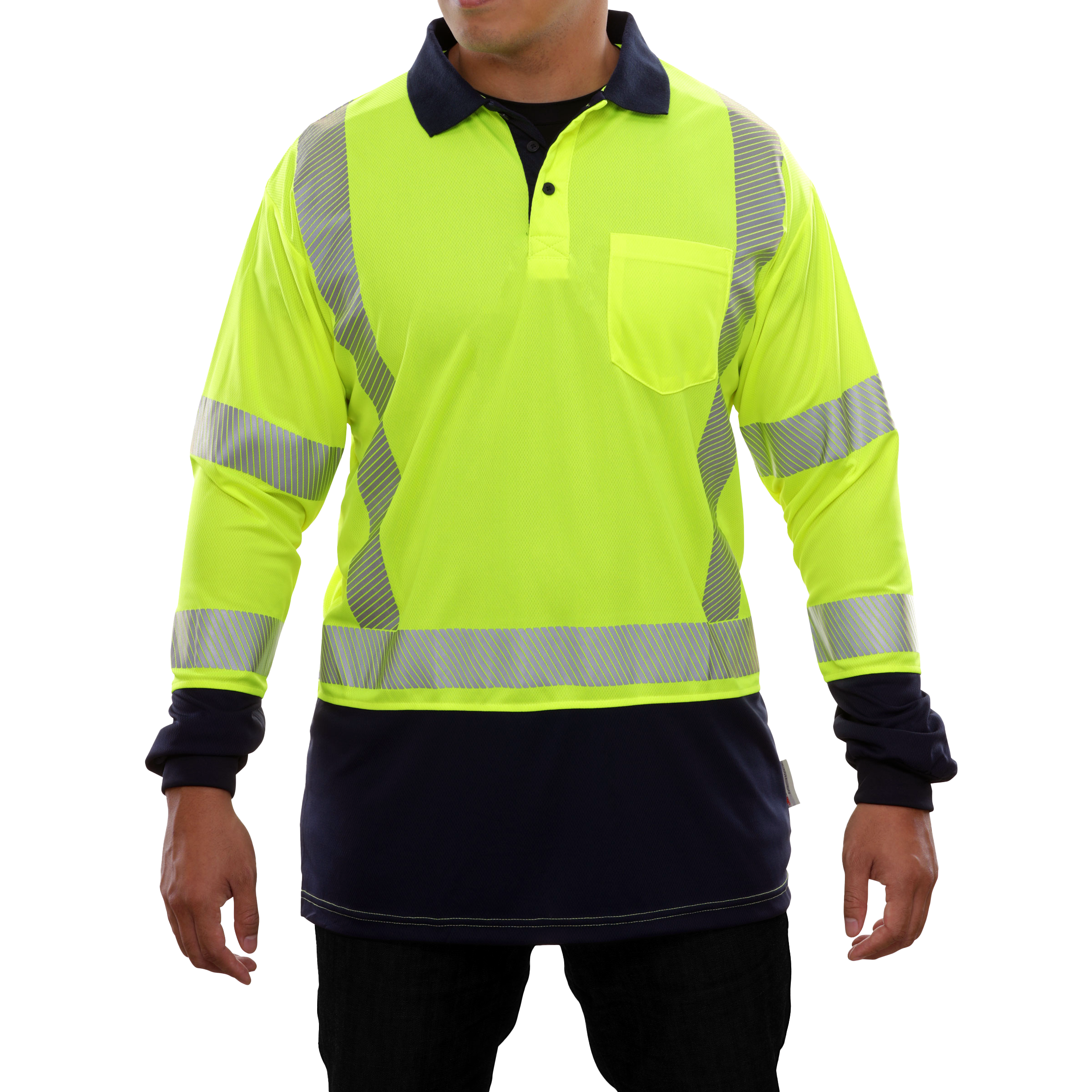 Reflective Apparel High Visibility Polo Shirt Long Sleeve Lime/Navy Birdseye-eSafety Supplies, Inc