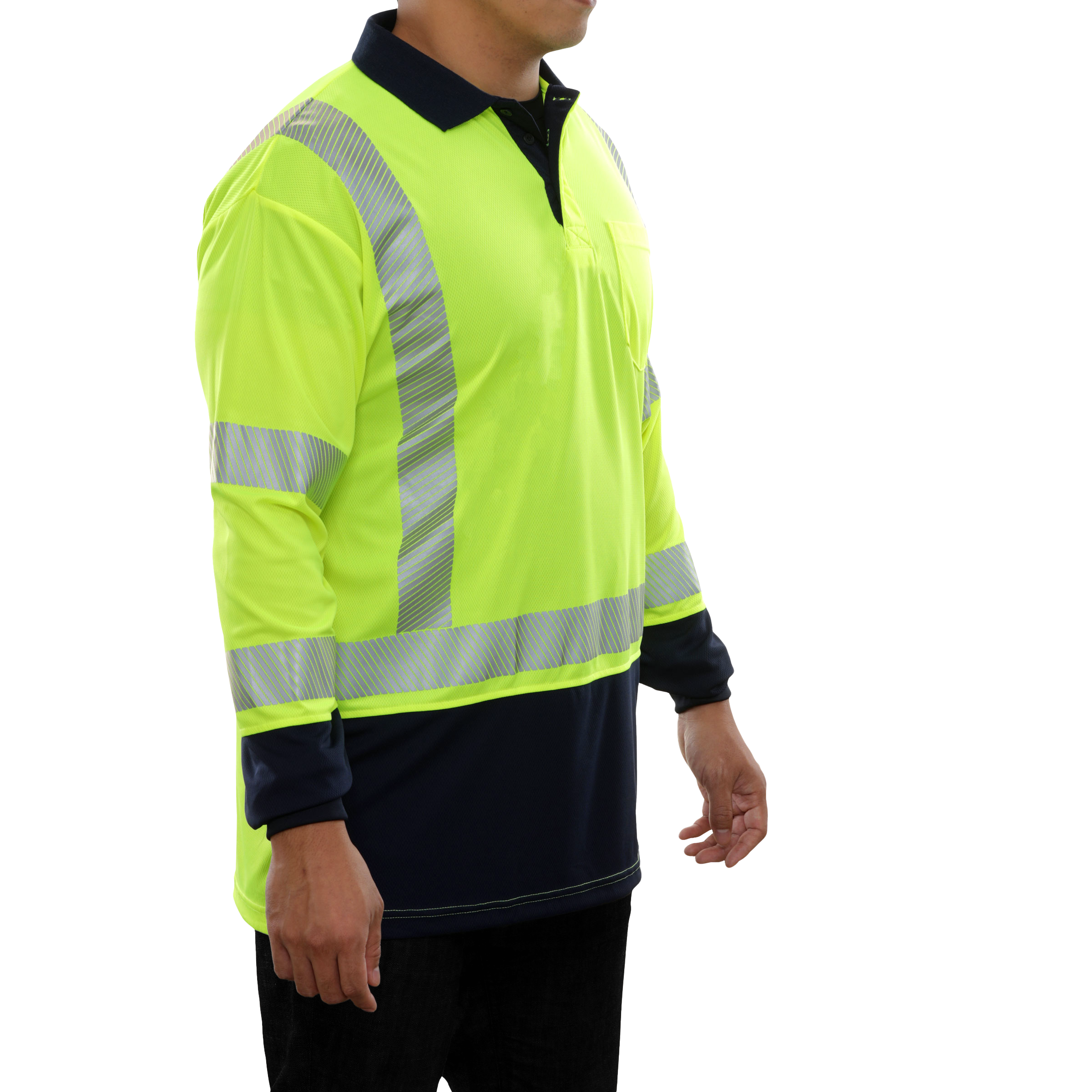 Reflective Apparel High Visibility Polo Shirt Long Sleeve Lime/Navy Birdseye-eSafety Supplies, Inc