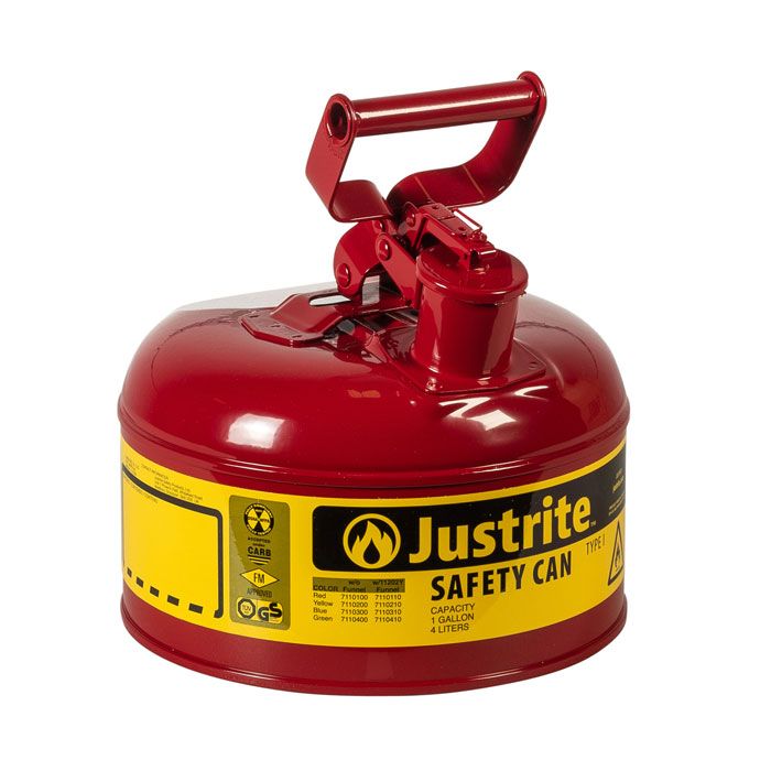 Justrite 1 Gallon Red Type 1 Safety Can With Stainless Steel Flame Arrestor For Use With Flammable Liquids1G-eSafety Supplies, Inc