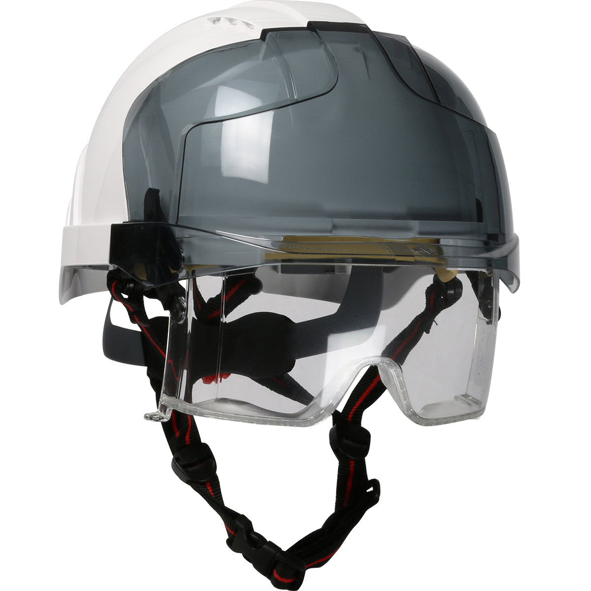 EVO® VISTA™ ASCEND™ Type I, Non-Vented Industrial Safety Helmet with fully adjustable four point chinstrap, Lightweight ABS Shell, Integrated ANSI Z87.1 Eye Protection, 6-Point Polyester Suspension and Wheel Ratchet Adjustment