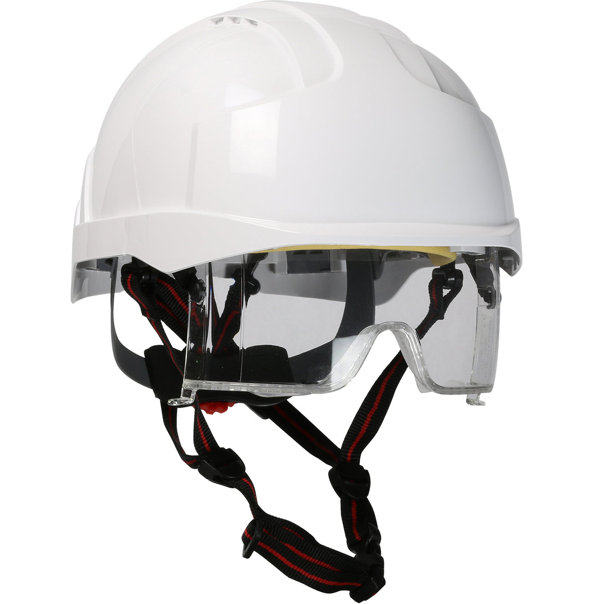 EVO® VISTA™ ASCEND™ Type I, Non-Vented Industrial Safety Helmet with fully adjustable four point chinstrap, Lightweight ABS Shell, Integrated ANSI Z87.1 Eye Protection, 6-Point Polyester Suspension and Wheel Ratchet Adjustment