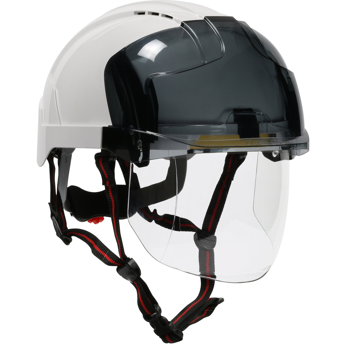 EVO® VISTA™ ASCEND™ Type I, Vented Industrial Safety Helmet with fully adjustable four point chinstrap, Lightweight ABS Shell, Integrated Faceshield, 6-Point Polyester Suspension and Wheel Ratchet Adjustment