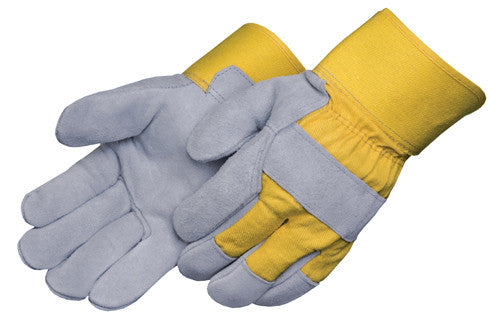 Select Shoulder - Rubberized Cuff, Grey Leather/Yellow Heavy Cotton Drill Back Gloves - Dozen-eSafety Supplies, Inc
