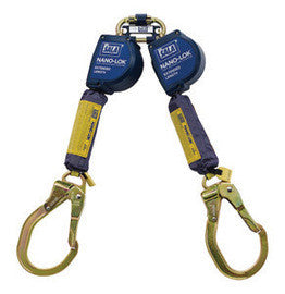DBI-SALA 9' Nano-Lok Extended Length Twin-Leg Quick Connect Self Retracting Dyneema Fiber And Polyester Web Lifeline With Steel Locking Rebar Hooks And Quick Connector For Harness Mounting-eSafety Supplies, Inc