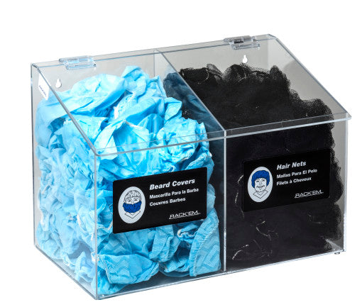 Rack'Em Racks-2 Compartment Clear Hair Net Beard Cover/Shoe Cover/Arm Protector Dispenser-eSafety Supplies, Inc