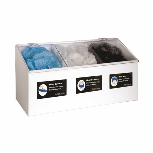 Rack'Em Racks-White Plastic 3-Compartment Hair Net Beard Cover Shoe Cover Dispenser-eSafety Supplies, Inc