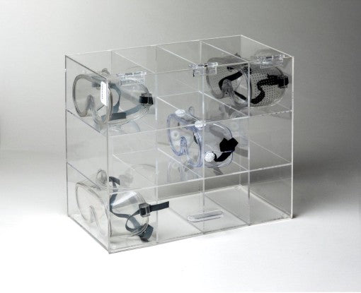 Rack'Em Racks- Safety Goggle Holder with Door. Holds 12 Goggles., CLEAR PLASTIC Table or wall mount for easy access, foam bottom, Compartment Dim.-eSafety Supplies, Inc