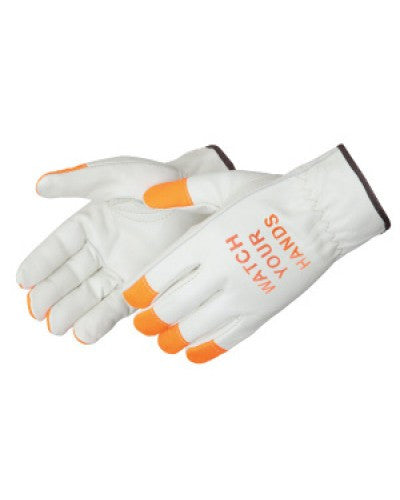 Grain cowhide driver - fluorescent fingertips ("WATCH YOUR HANDS" logo) Gloves - Dozen-eSafety Supplies, Inc