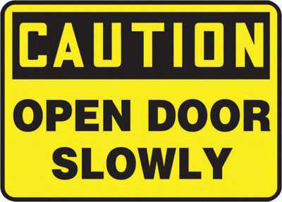 Accuform Signs 7" X 10" Black And Yellow 0.055" Plastic Admittance And Exit Sign "CAUTION OPEN DOOR SLOWLY" With 3/16" Mounting Hole And Round Corner-eSafety Supplies, Inc