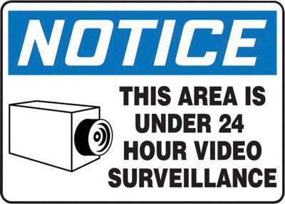 Accuform Signs 7" X 10" Black, Blue And White 4 mils Adhesive Vinyl Admittance And Exit Sign "NOTICE THIS AREA IS UNDER 24 HOUR VIDEO SURVEILLANCE "-eSafety Supplies, Inc