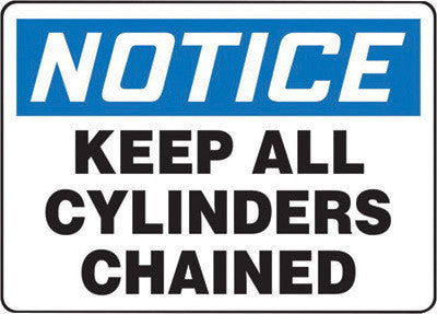 Accuform Signs 7" X 10" Black, Blue And White 0.040" Aluminum Cylinder And Compressed Gas Sign "NOTICE KEEP ALL CYLINDERS CHAINED" With Round Corner-eSafety Supplies, Inc