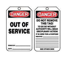 Accuform Signs 5 3/4" X 3 1/4" Red, Black And White 15 mil RP-Plastic English Two Sided Safety Tag "DANGER OUT OF SERVICE/DANGER DO NOT REMOVE THIS TAG! TO DO SO WITHOUT AUTHORITY WILL MEAN-eSafety Supplies, Inc
