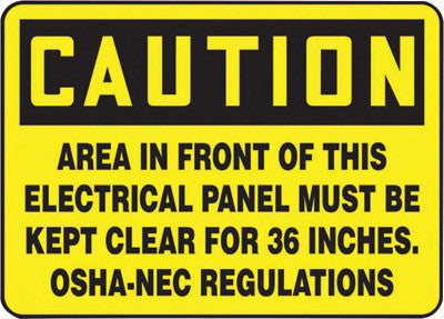 Accuform Signs 7" X 10" Black And Yellow 0.055" Plastic Electrical Sign "CAUTION AREA IN FRONT OF THIS ELECTRICAL PANEL MUST BE KEPT CLEAR FOR 36 INCHES. OSHA-NEC REGULATIONS" With-eSafety Supplies, Inc