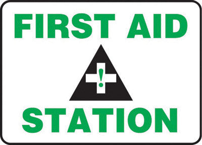 Accuform Signs 7" X 10" Black, Green And White 4 mils Adhesive Vinyl First Aid Sign "FIRST AID STATION "-eSafety Supplies, Inc