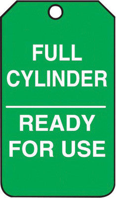 Accuform Signs 5 3/4" X 3 1/4" White And Green 15 mil RP-Plastic Cylinder Status Tag "FULL CYLINDER READY FOR USE" With Metal Grommeted 3/8" Reinforced Hole