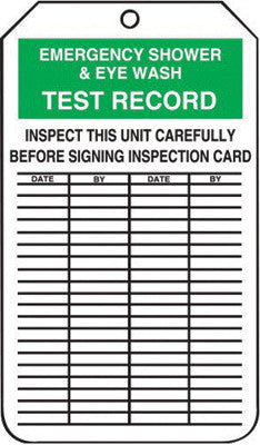 Accuform Signs 5 3/4" X 3 1/4" Black, Green And White 15 mil RP-Plastic English Equipment Status Tag "EMERGENCY SHOWER & EYEWASH TEST RECORD INSPECT THIS UNIT-eSafety Supplies, Inc