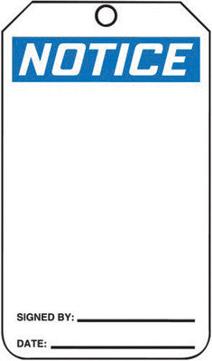 Accuform Signs 5 3/4" X 3 1/4" Black, Blue And White HS-Laminate Accident Prevention Blank Tag "NOTICE" With Pull-Proof Metal Grommeted 3/8" Reinforced Hole And OSHA Header-eSafety Supplies, Inc