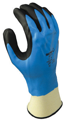 SHOWA Best Glove Size 8 Foam Grip 377 13 Gauge Oil And Chemical Resistant Black And Blue Nitrile Foam Fully Dipped Palm Coated Work Gloves With White Polyester And Nylon Liner And Elastic Knit Wrist-eSafety Supplies, Inc