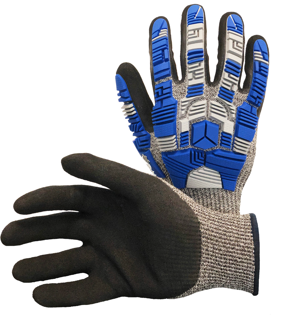 BLU WOLF ROUGE X5 13-GAUGE CUT-RESISTANT GLOVE WITH BLUE/GRAY ANTI-IMPACT TPR AND SANDY FOAM NITRILE PALM COATING-eSafety Supplies, Inc