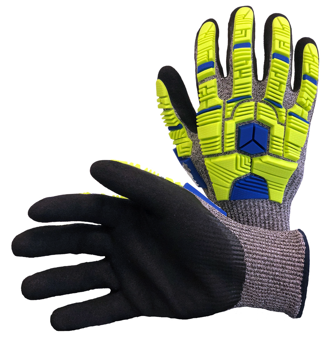 BLU WOLF ROUGE X5 13-GAUGE CUT-RESISTANT GLOVE WITH HI-VIS YELLOW/BLUE ANTI-IMPACT TPR AND SANDY FOAM NITRILE PALM COATING-eSafety Supplies, Inc