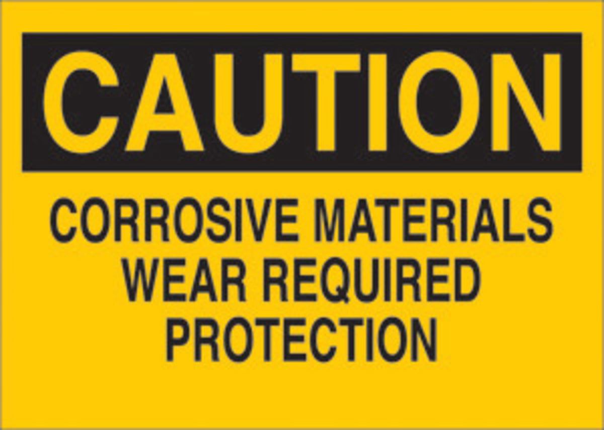 Brady® 10" X 14" X .06" Black On Yellow .0591" B-401 Polystyrene Safety Sign "CORROSIVE MATERIALS WEAR REQUIRED PROTECTION"-eSafety Supplies, Inc
