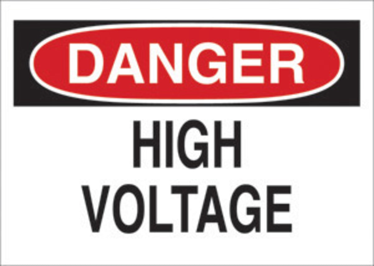 Brady® 7" X 10" X .006" Black/Red On White .01" B-302 Polyester Danger Sign "HIGH VOLTAGE"-eSafety Supplies, Inc