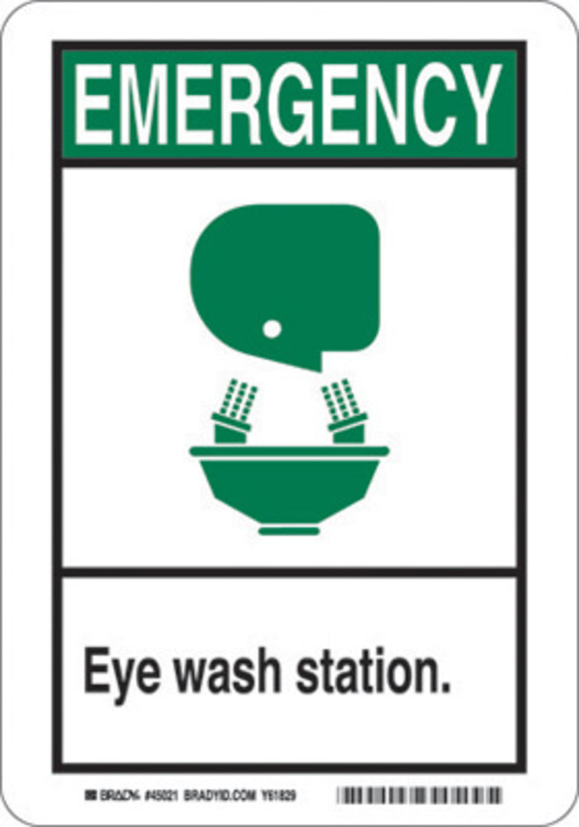 Brady® 14" X 10" X .035" Black/Green On White B-555 Aluminum Eye Wash Sign "EMERGENCY EYE WASH STATION."-eSafety Supplies, Inc