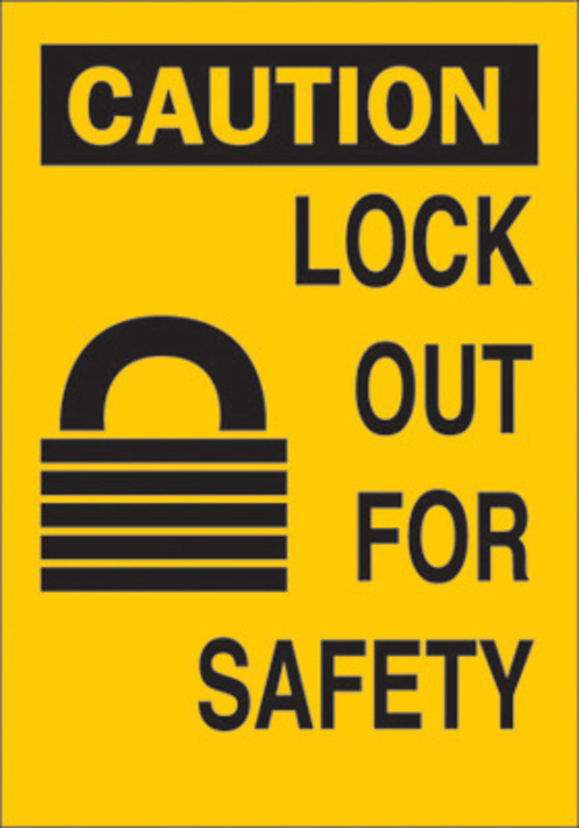 Brady® 10" X 7" X 1/10" Black On Yellow .0984" B-120 Fiberglass Safety Sign "LOCK OUT FOR SAFETY"-eSafety Supplies, Inc