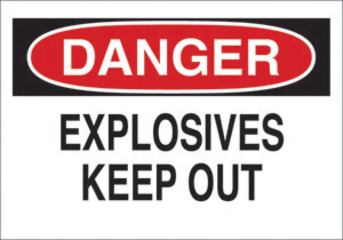 Brady® 10" X 14" X .006" Black/Red On White .01" B-302 Polyester Danger Sign "EXPLOSIVES KEEP OUT"-eSafety Supplies, Inc