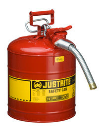 Justrite- 5 Gallon Red AccuFlow- Galvanized Steel Type II Vented Safety Can With Stainless Steel Flame Arrester And 1" Metal Hose (For Flammable Liquids)-eSafety Supplies, Inc